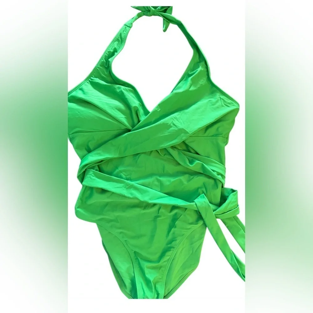 Kelly Green Halter Plunge One-Piece Swimsuit Full coverage Long wrap around Tie